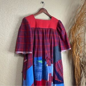 Handmade red patchwork plaid square neck midi dress medium blue multicolored